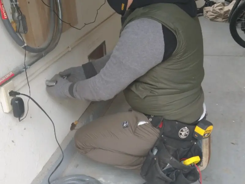 Electrician performing outlet wiring in a Hillsborough garage